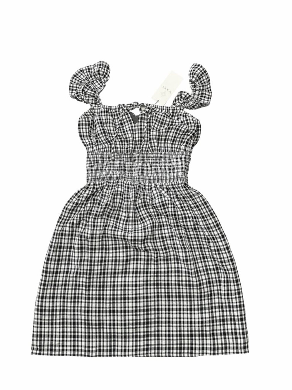 WAYF Women’s Black White Gingham Smocked Mini Dress Ruffle Straps XS NWT